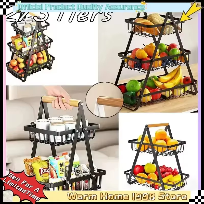 Removable Wrought Iron Fruit Basket Assembly Two or Three Layers of Wooden Hand Basket Kitchen Snack Storage Basket Rack - 17, 3
