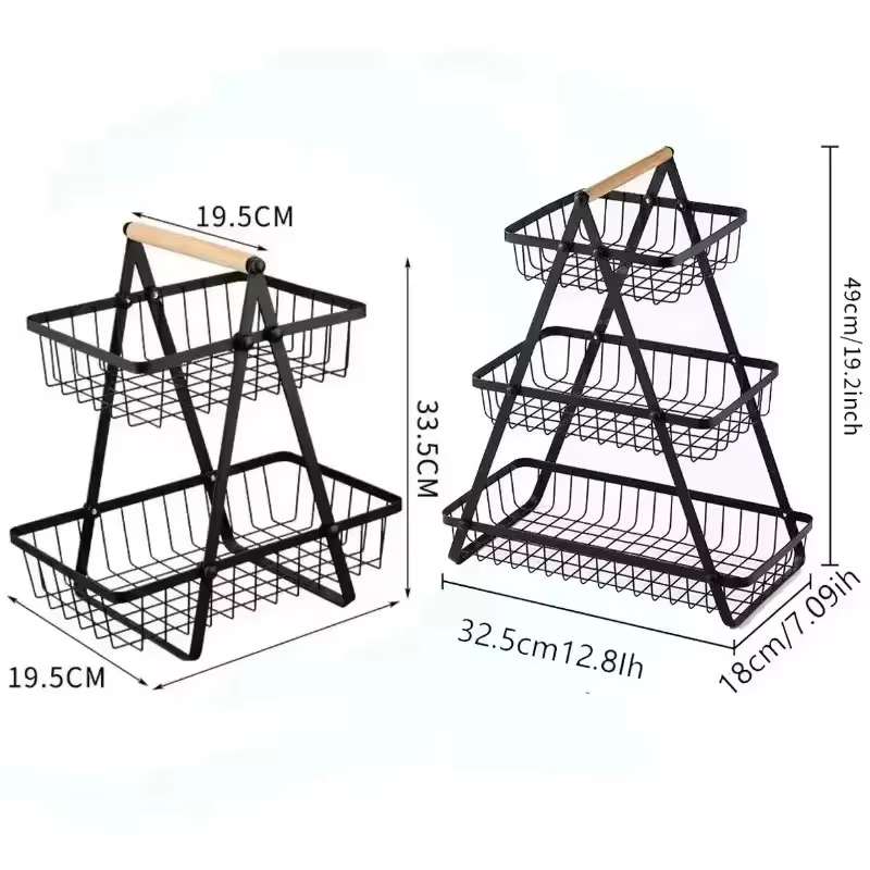 Removable Wrought Iron Fruit Basket Assembly Two or Three Layers of Wooden Hand Basket Kitchen Snack Storage Basket Rack - 17, 3