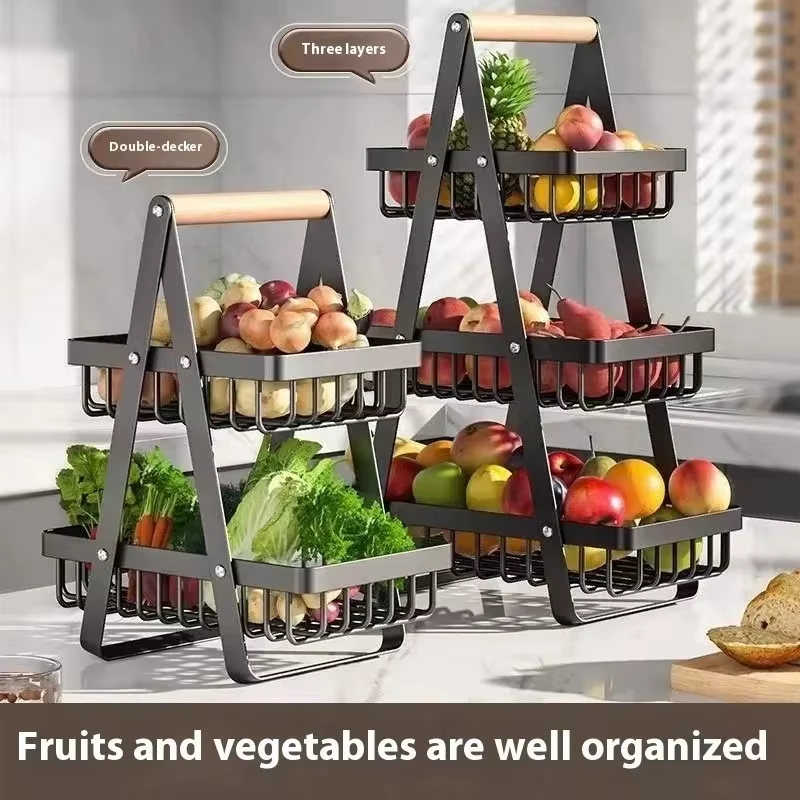 Removable Wrought Iron Fruit Basket Assembly Two or Three Layers of Wooden Hand Basket Kitchen Snack Storage Basket Rack - 17, 3
