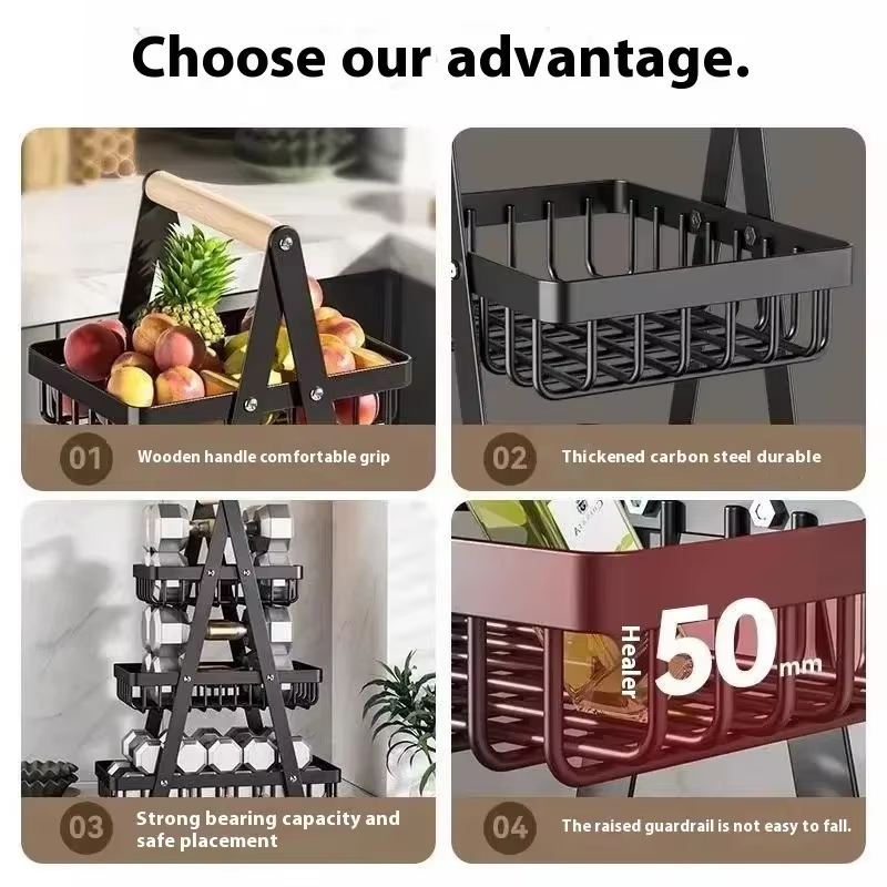 Removable Wrought Iron Fruit Basket Assembly Two or Three Layers of Wooden Hand Basket Kitchen Snack Storage Basket Rack - 17, 3